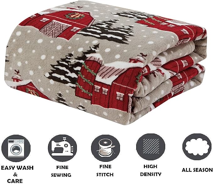 Elegant Comfort Luxury Velvet Super Soft Christmas Prints Fleece Blanket-Holiday Theme Home Décor Fuzzy Warm and Cozy Throws for Winter Bedding, Couch and Gift, 50 x 60 inch, Snowybarn