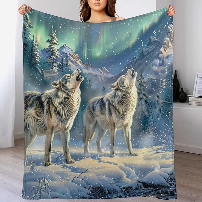 Wolf Aurora Borealis Blanket - Gifts for Girls, Boys, Women, Kids, Wolf Lovers - Soft Warm Fleece Flannel Plush Throw for Bed, Sofa, Couch - 40"x50"