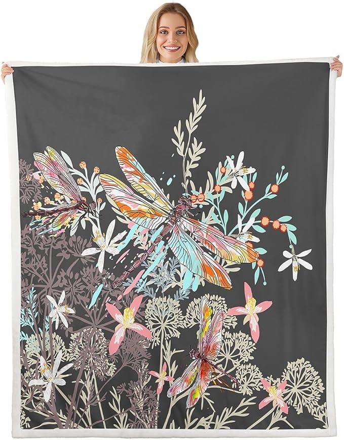 Feelyou Dragonfly Sherpa Blanket Throw 50x60 Inches Botanical Floral Fleece Throw Blanket for Kids Girls Teens Women Bedroom Decor Nature Animals Branches for Sofa Bed Couch Grey