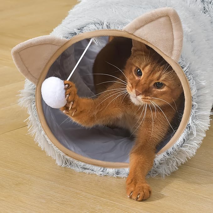 Cat Tunnels with Spring Toys for Bored Indoor Cats, Soft Plush 3 Way Cat Hideaway Tunnels with Cat Balls for Kitten, Rabbit, Ferret, Puppy, Grey