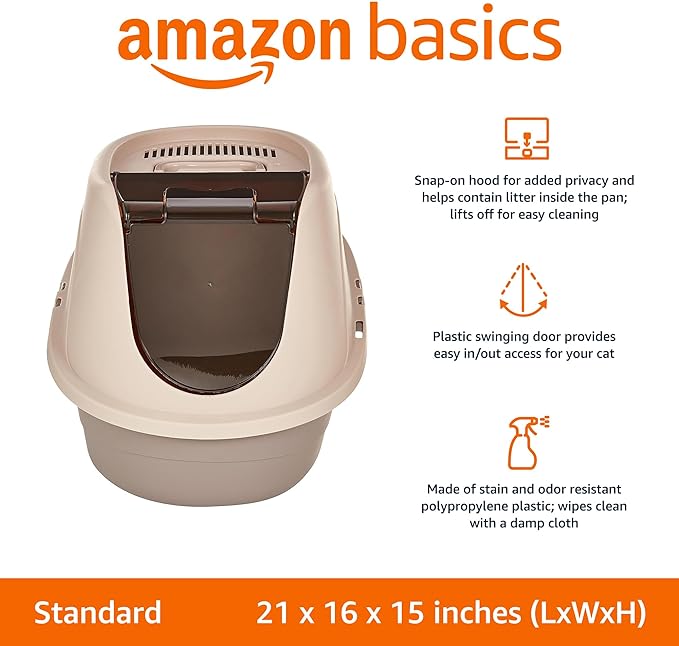 Amazon Basics No-Mess Enclosed Hooded Cat Litter Box, Standard, Multicolor, 21 in x 16 in x 15 in