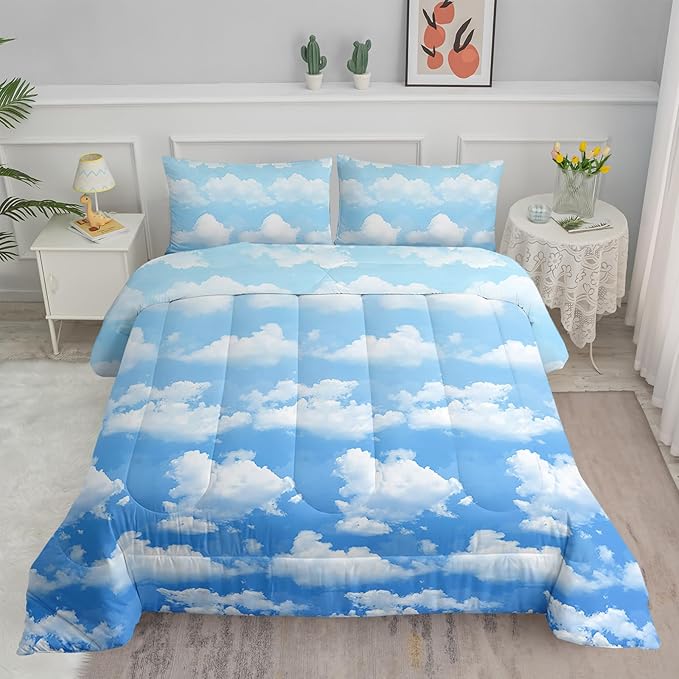 Axolotl Blue Cloud Comforter Set Twin - Sky Blue Bedding Set with Clouds Design - 1 Quilt, 2 Pillowcases