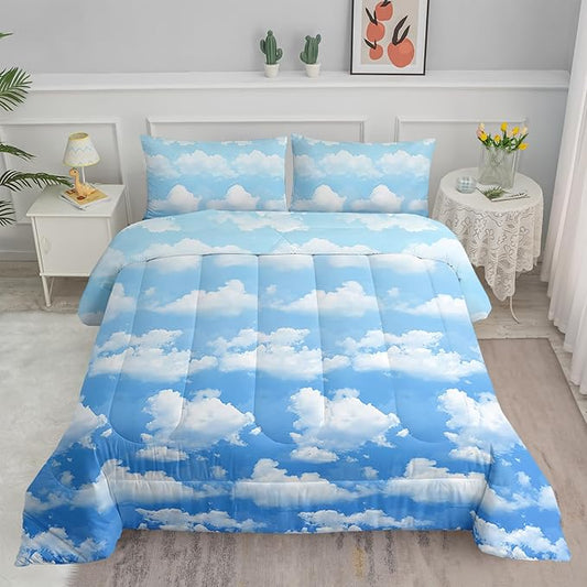 Axolotl Blue Cloud Comforter Set Twin - Sky Blue Bedding Set with Clouds Design - 1 Quilt, 2 Pillowcases