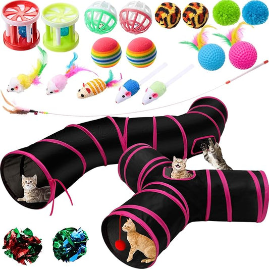 Poen 22pcs Cat Toys Kitten Toys Set with 2 Collapsible Cat Tunnel Toy and 20 Interactive Kitty Toys Cat Feather Toy, Fluffy Mouse, Crinkle Balls, for Cat Kitten Puppy (Rose Red, Black)