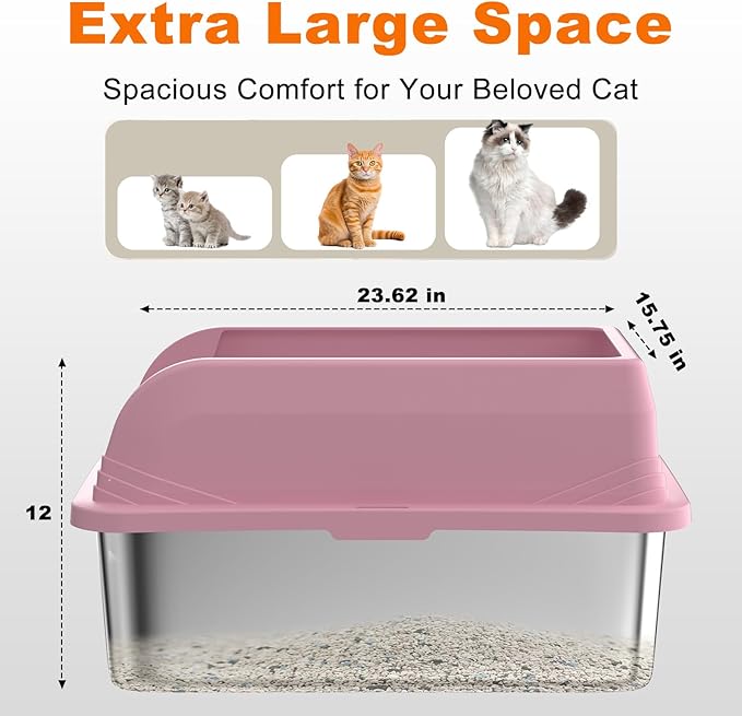 2 PCs Stainless Steel Cat Litter Box with Lid, Extra Large High Side Litter Box, Enclosed Litter Box for Small Cats, Non-Leaking, Easy to Clean, Anti-Leakage(Pink)