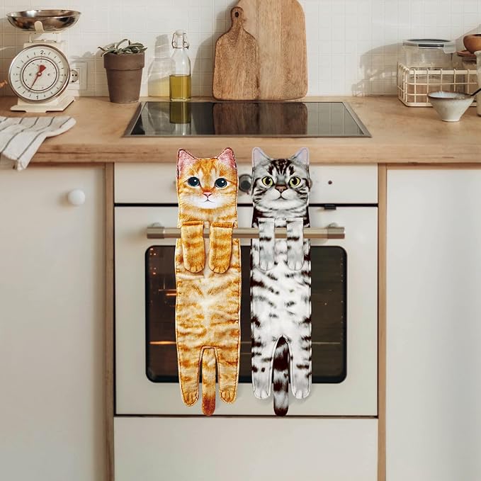 Cat Funny Hand Towels for Bathroom Kitchen- Cute Decorative Kitten Decor Hanging Face Towels- Unique Housewarming Valentines Mothers Birthday Gifts for Women Mom Cat Lovers