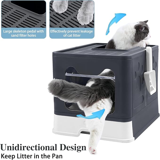 Bolux Foldable Cat Litter Box with Lid, Extra Large, Drawer Type Cat Litter Pan Easy to Scoop & Low Tracking (Dark Grey, 20" L x 16" W x 15" H)