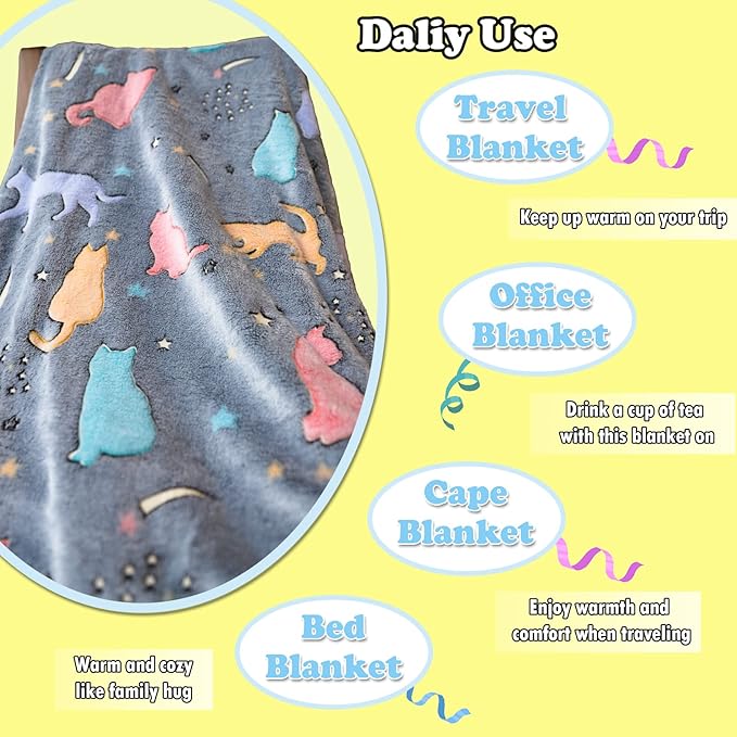 Best Gift Glow in The Dark Cute Cat Throw Blanket with Storage Bag, Soft Throw Blanket for Girls Boys, Birthday, Girls Blanket Kids Blanket,Day Care Home Travel Use,50"x60" Grey