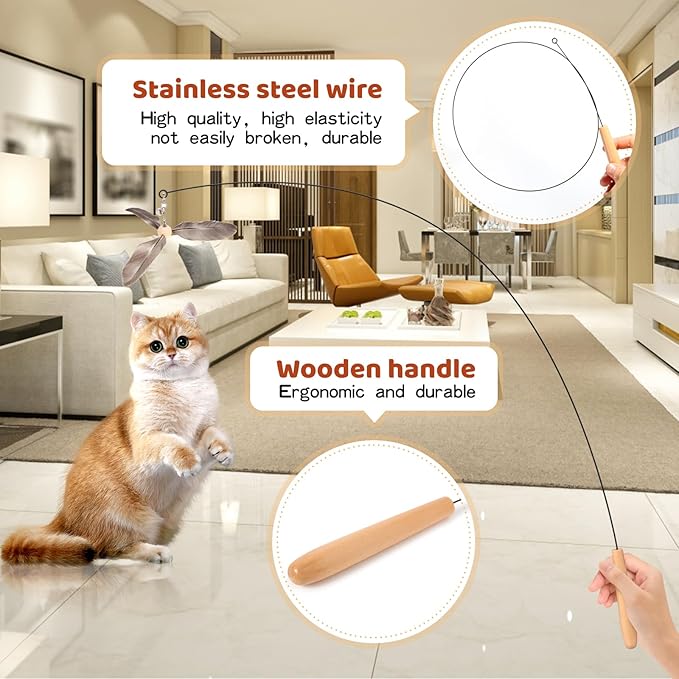 Cat Wand Toys, Interactive Cat Toys, 3 Nature Feather Refills, 35” Flexible Steel Wire, Sturdy Wood Handle and Bell, Cat Teaser Cat String Toy for Indoor Cats Kitten to Play Chase Exercise