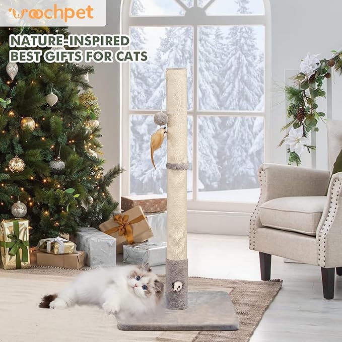 Cat Scratching Post with Premium Sisal Rope for Indoor 34in Tall Scratcher Post Tree with Mouse Hole, Hanging Ball for Adult Cats and Kittens