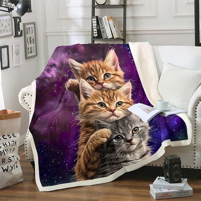 Erosebridal Cat Blanket - Cute Cats Pattern Sherpa, Blue Purple Nebula Decorative Animal Themed, Microfiber Gorgeous Lovely Fuzzy Twin 60"x80"