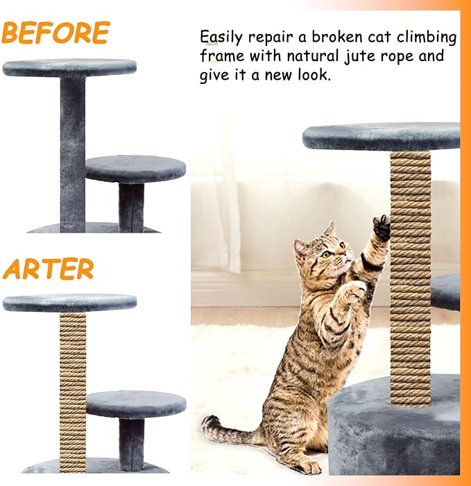 Jute Rope for Cat Scratch Post 1/6" mm Diameter 164 FT Cat Natural Hemp Rope Cat Tower Repair Rope Cat Tree Rope Replacement Recovering and DIY