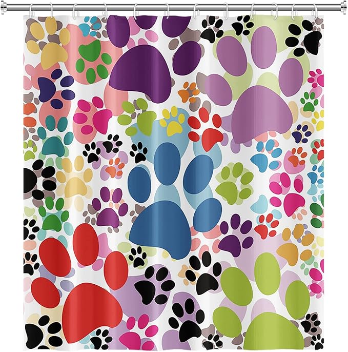 72x96inch Colorful Cartoon Dog and Cat Pawprints Kids' Shower Curtain Cute Animal Lovely Pet Puppy Cat Claw Prints Bath Curtain for Children Baby Bathroom Decor Fabric Polyester with Hooks