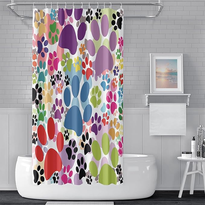 72x78inch Colorful Cartoon Dog and Cat Pawprints Kids' Shower Curtain Cute Animal Lovely Pet Puppy Cat Claw Prints Bath Curtain for Children Baby Bathroom Decor Fabric Polyester with Hooks