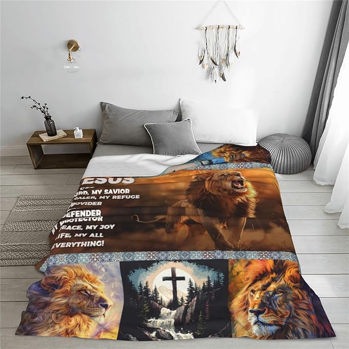 Jesus Lion Blanket Christian Decor Throw Blanket Super Warm Soft Plush Lightweight Fleece Flannel Winter Cross Animal Blanket Gifts for Prayer Girls Women Adults Boys Baby Kids Couch Bedding 50"X60"