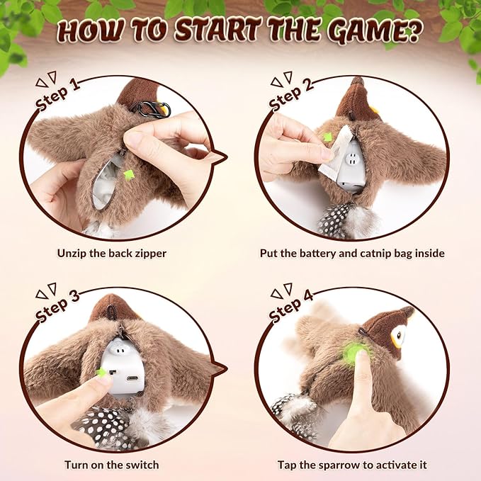 Lukovee Interactive Cat Toys Rechargeable - Touch Activated Flapping Sparrow Catnip Toys with Lifelike Chirping, Plus Bird Toy with Rope and Hooks for Indoor Kitten Kitty Exercise (Khaki)