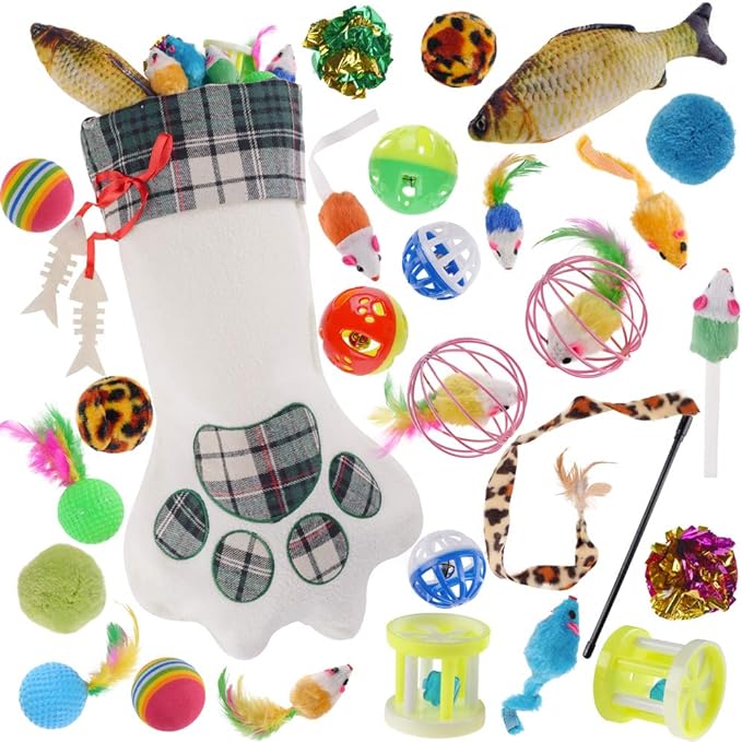 QBSM Cat Christmas Plaid Pet Paw Stockings with 26 Pcs Cat Toys for Cats and Kitten