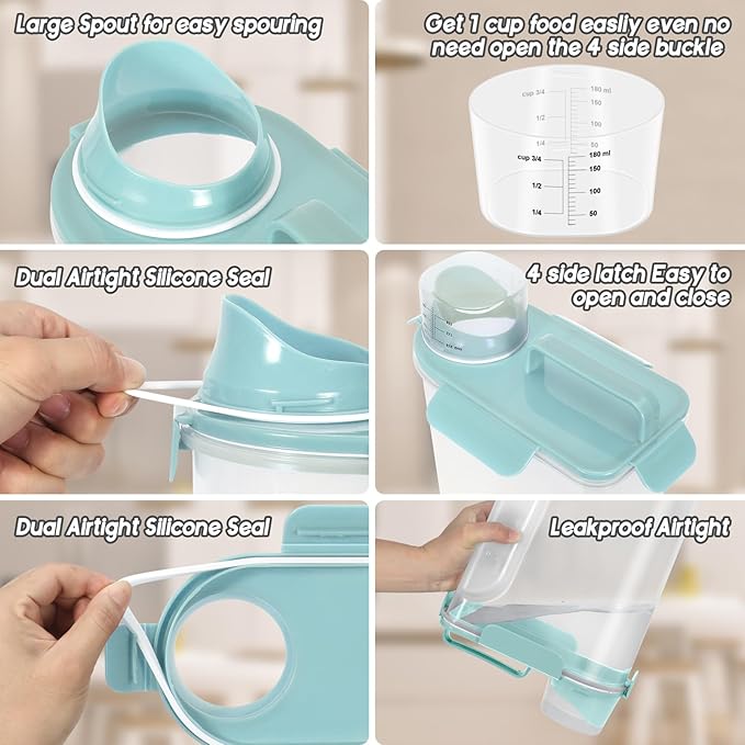 5-7Lbs Airtight Cat Dog Food Storage Container Portable with Upgraded Large Spout and Cup,Plastic Pet Dispenser for Small Animal Kibble,Bird Seed,Oatmeal,Rice,flour,brown sugart-Sky Blue