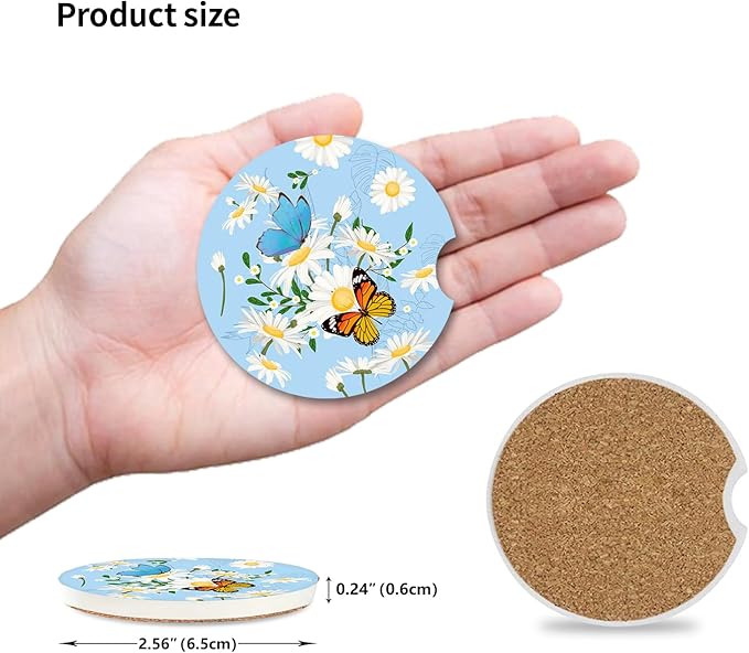 Car Coasters for Drinks Absorbent, 2 Pack Cup Holders, 2.56" Ceramic Stone & Non-Scratch Cork Base Coasters, Auto Accessories for Women & Men,Butterfly and Flowers.