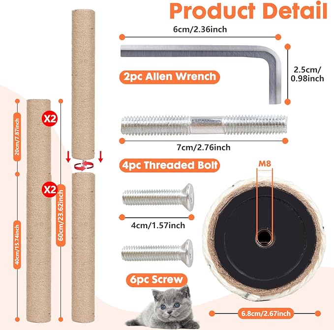 PowerKing Natural Sisal Replacement Scratching Post, 4 Pieces M8 Cat Scratch Post Refill Pole Parts for Refurbishment, White, Include Screws (Nature-15.7''+15.7''+7.87''+7.87'')