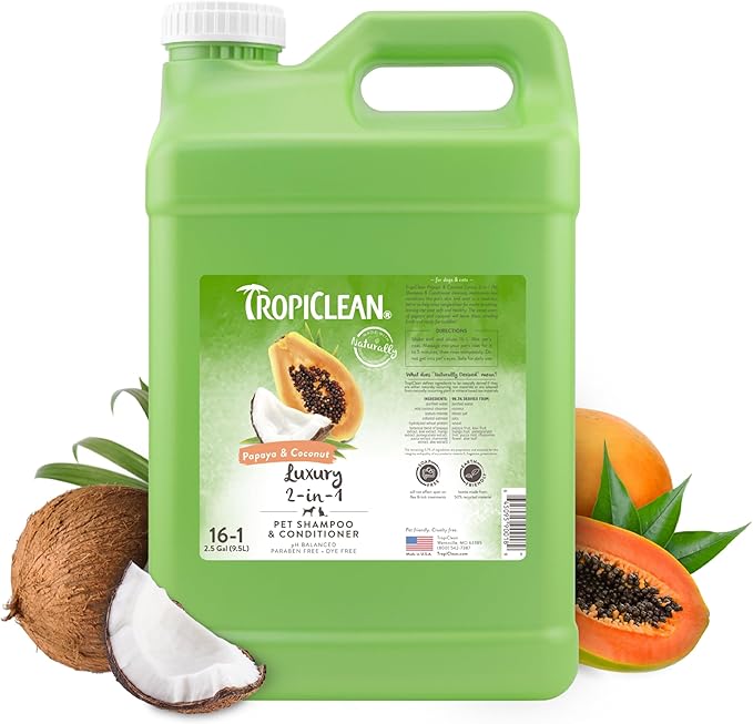 TropiClean 2-in-1 Papaya & Coconut Dog Shampoo and Conditioner | Natural Pet Shampoo Derived from Natural Ingredients | Cat Friendly | Made in the USA | 2.5 gallon