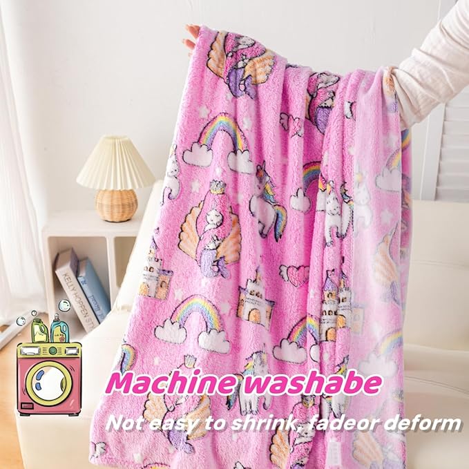 Mermaid Princess Pattern Blanket, Unicorn Blanket Glow in The Dark, 50" x 60", Pink