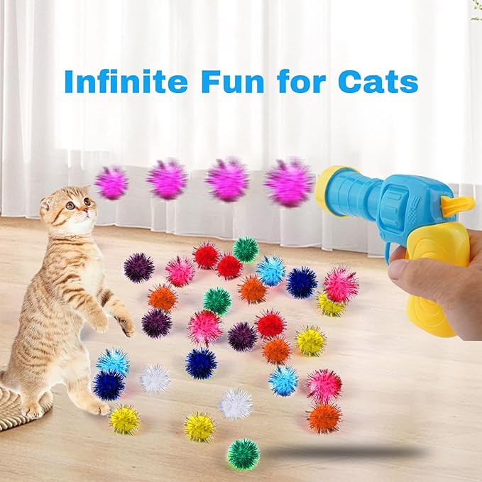 Dorhui Cat Toy Gun Launcher, 30 Pcs Sparkle Pom Pom Balls for Cat and Cat Ball Launcher, Cat Fetch Toy Gun Shooter, cat Toys for Indoor Cats, Interactive Glitter Pom Pom Balls for Kitty Gifts