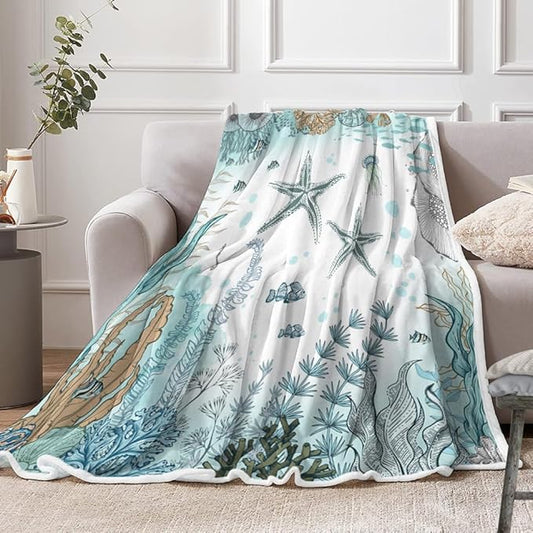 Starfish Blanket Funny Seashell Coral Beach Themed Throw Blankets, Farmhouse Sea Ocean Lightweight Soft Fleece Cozy Fleece Throw Blanket All Season Cozy Soft Lightweight Couch Sofa Bed Bedding