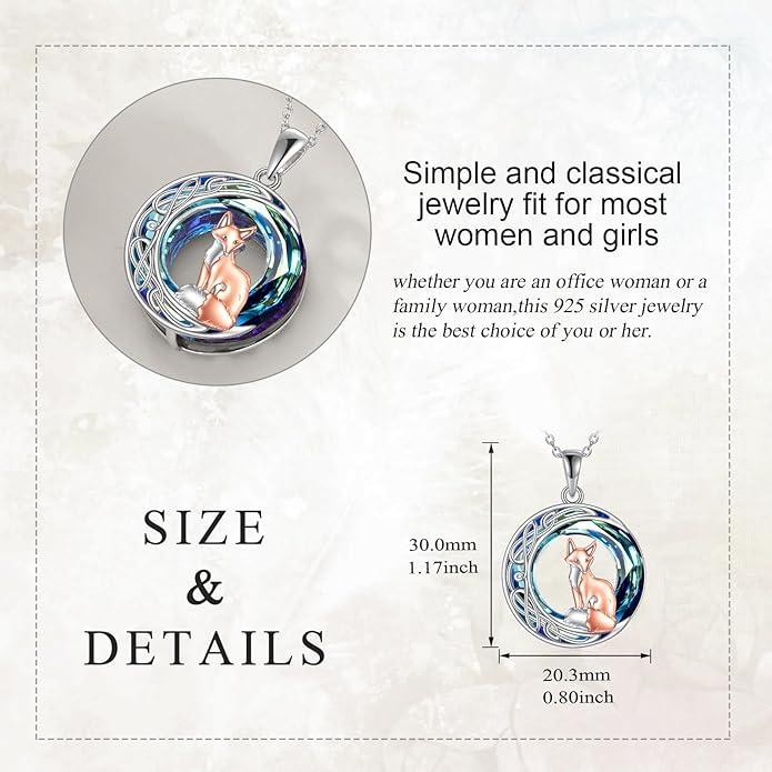 925 Sterling Silver Celtic Crescent Moon Animal Necklace for Women Fox/Black Cat/Hummingbird Crystal/Abalone Shell Pendant Jewelry Gift for Mom Daughter