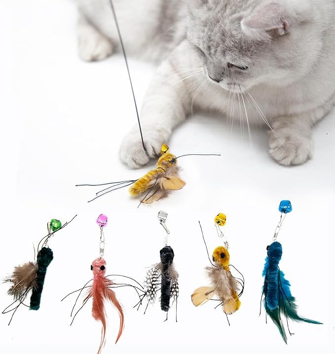 Cat Insects Toy Interactive Cat Toy Bug Refills for Cat Wand Toy, 5 Pieces Feather Replacements with Bells for Cat Teaser for Indoor Cats and Kittens, Big Insects Set