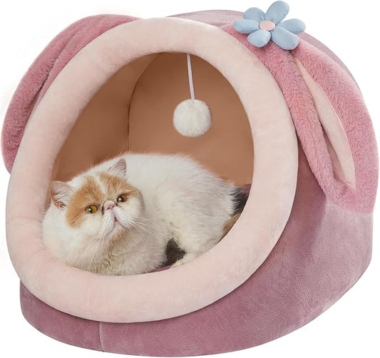 Jiupety Cat Bed Cave, Pink Cat Bed for Indoor Cats，Soft Cozy Cat Bed Cave Fit for Many Cats and Puppy, Pink Rabbit, L.