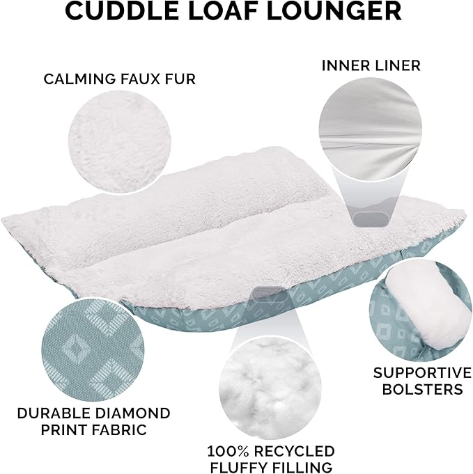 Furhaven Cat Bed for Indoor Cats, Washable w/ Removable Bolsters, For Pets Up to 9 lbs - Plush & Diamond Print Cuddle Loaf Mat - Aqua, Small