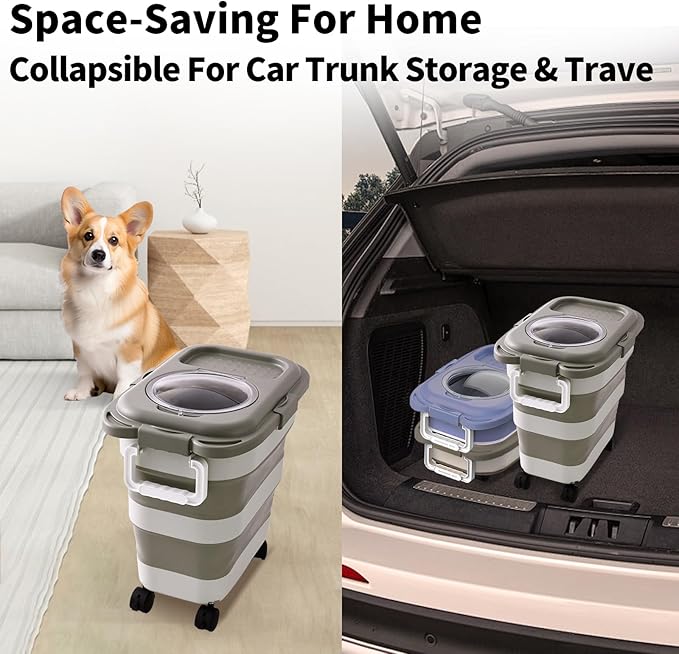 25 Lbs Dog Food Storage Container, Collapsible Dog Food Container with Scoop for Pet/Dog/Cat/Bird Food,Keep Dry Food Fresh,Easy to Move (Khaki)