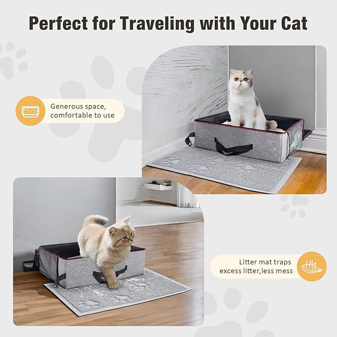 Avont Portable Travel Litter Box for Cats, Waterproof Leak-Proof Foldable Collapsible Kitty Box with Zipped Lid, Mat and Scoop, Easy to Carry Ideal for Hotels Cars -M