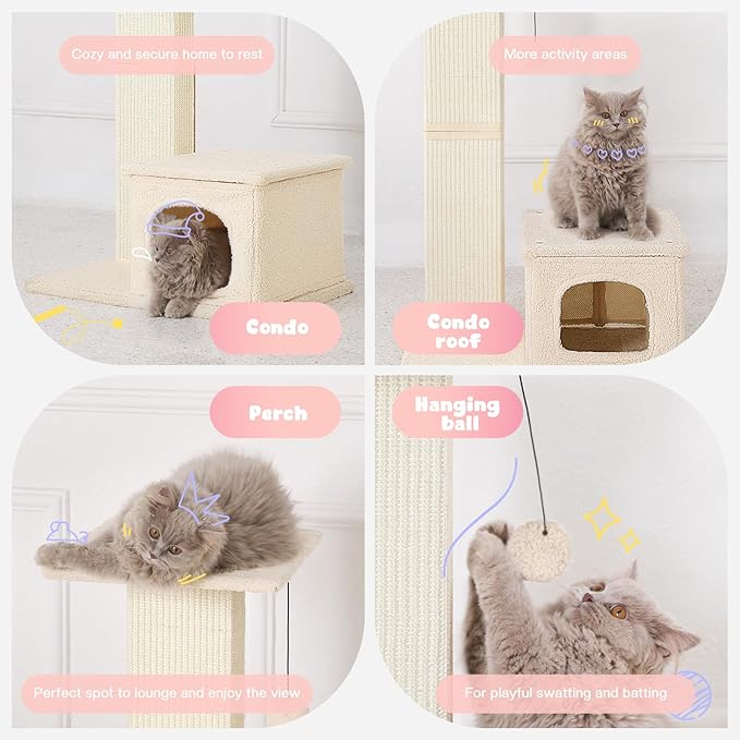 Small Cat Tree, 31 Inches Tall Cat Scratching Post with Perch & Condo, Natural Woven Sisal Cat Post Sctacher, Kitten Scratching Posts for Indoor Cats, Cat Scratch Tower with Fluffy Ball, Beige