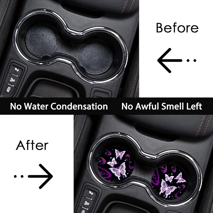Car Coasters for Cup Holders,2 Pack Butterfly Car Cup Holder Coasters,2.75" Universal Size Anti Slip Rubber Mat,Automotive Cup Holder Decal Decor Accessories,Butterfly Gifts for Women,Mom