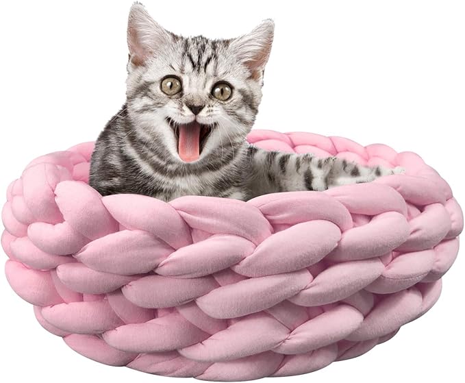 Lucky Monet Cat Basket Bed Cotton Knitted Round Pet Beds for Cats Cute Boho Cat Pet Bed Warm Woven Cat Nest for Puppy Kitten Cats Dogs (11.8", Pink)