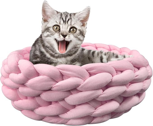 Lucky Monet Cat Basket Bed Cotton Knitted Round Pet Beds for Cats Cute Boho Cat Pet Bed Warm Woven Cat Nest for Puppy Kitten Cats Dogs (11.8", Pink)
