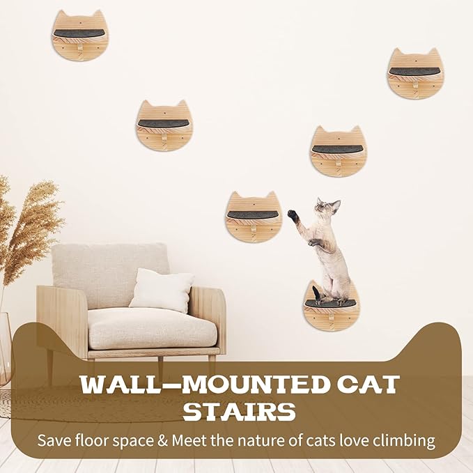 6 Pcs Cat Wall Furniture Wall Mounted Cat Wall Shelves with Scratching Mat Cat Stairs Cat Wall Steps Cat Ladder Cat Climbing Shelves Cat Perch Supplies for Cats Playing Climbing Indoor