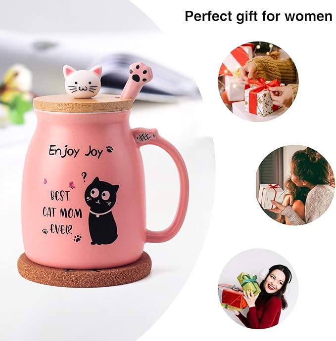 Best Mom Ever Coffee Mug Mothers Day Gift for Mom from Daughter Son, Novelty Coffee Mug for Mama Birthday Gifts for Women, Her, Wife, Sister, Grandma, Cute Cat Ceramic Coffee Mug with Spoon, Pink