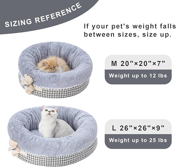 Jiupety Teddy Donut Bed for Indoor Cats, Washable & Warm Small Dog Bed, Cute Fluffy Round Kitten Bed, Suitable for Cat and Puppy, Anti-Slip Calming Princess Kitty Bed, Gray, 20"×20", Fit 12lbs
