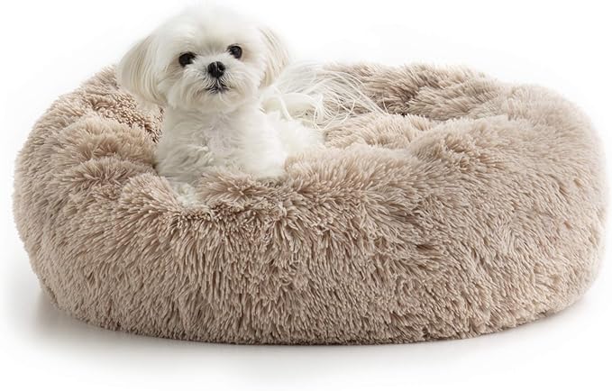 Brindle Donut Cuddler Pet Bed - Calming Anti-Anxiety Dog and Cat Bed - Plush Cozy and Washable Bed - Ergonomic Support, Small, Taupe