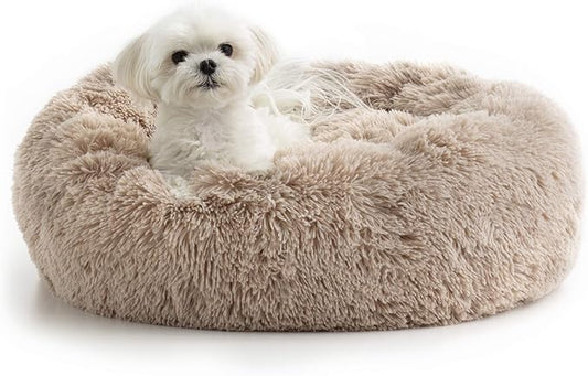 Brindle Donut Cuddler Pet Bed - Calming Anti-Anxiety Dog and Cat Bed - Plush Cozy and Washable Bed - Ergonomic Support, Small, Taupe