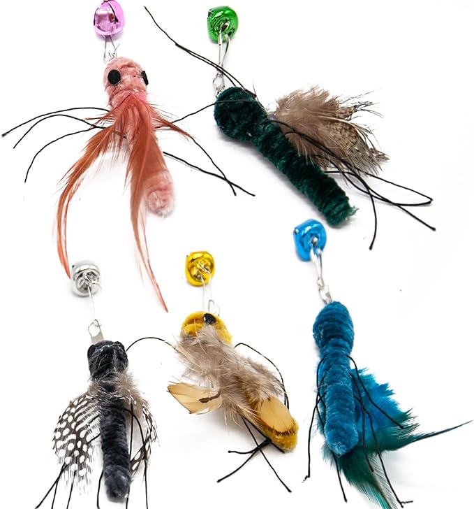 Cat Insects Toy Interactive Cat Toy Bug Refills for Cat Wand Toy, 5 Pieces Feather Replacements with Bells for Cat Teaser for Indoor Cats and Kittens, Big Insects Set