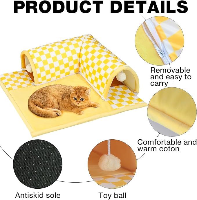 Cat Tunnel Bed with Fluffy Toy Balls, Small Cushion and Flexible Design Removable Cat Cave Tube for Small Medium Large Cat,Puppy,Rabbit,Ferret