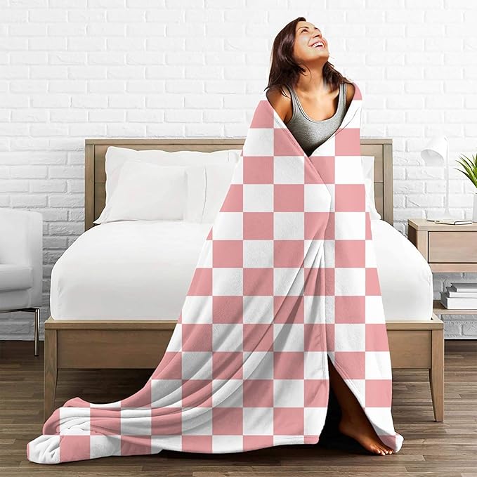 Rosy White Checkerboard Throw Blanket Soft Cozy Plush Warm Fleece Blanket for Sofa Couch Bed 60"X50"