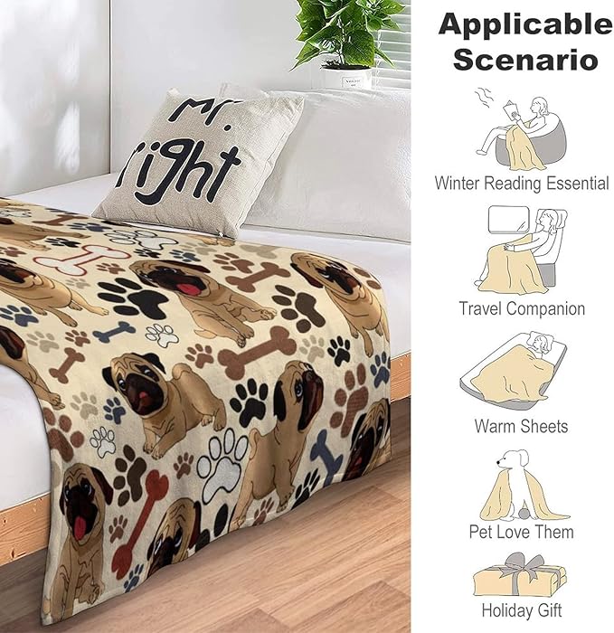Pug Blanket Dog Paws Throw Blanket Ultra Soft Flannel Blankets for Living Room Sofa Couch Kids Adults Gifts for Pug Lovers 50"X40"