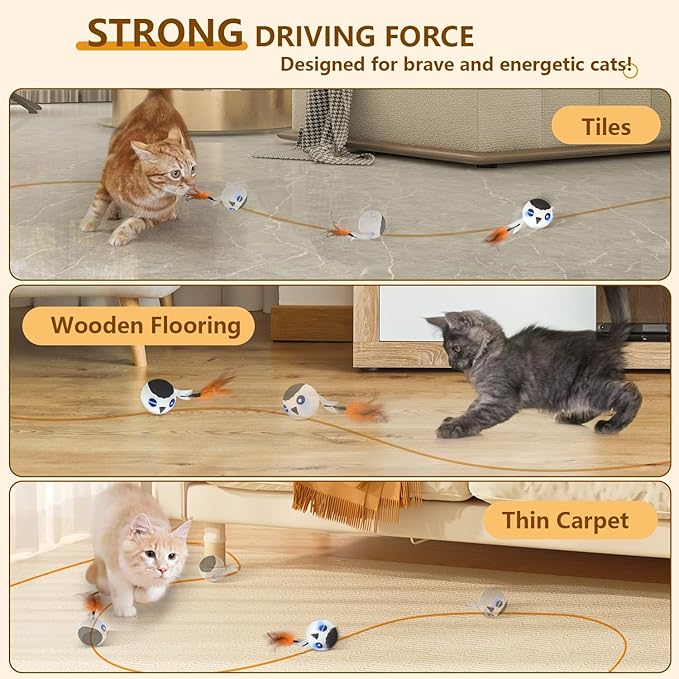 ORSDA Cat Toys, Interactive Cat Toys for Indoor Cats Automatic Moving Ball Bird for Bored Indoor Adult Cat Kitten Toys Ball, Motion Activated Fast Moving Chirping Stimulating Light Cats Toys, 2 Tails