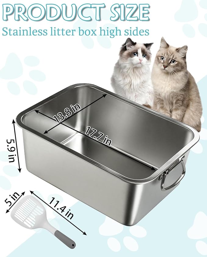 BNOSDM Cat Litter Box Stainless Steel, Metal Cat Litter Pan with Handles (17.7'' x 14'' x 6'') Rustproof High Sides Cats Toilet with Litter Sifting Scoop for Cats Rabbits