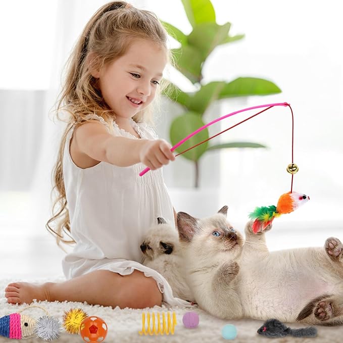 Cat Toys Kitten Toys Assortments, 32 Packs Interactive Cat Toy Variety Pack for Kitty, Cat Wand Toy, Cat Crinkle Balls Bell Balls with Bells, Cat Spring Toy, Catnip Toys for Indoor Cats Kitten